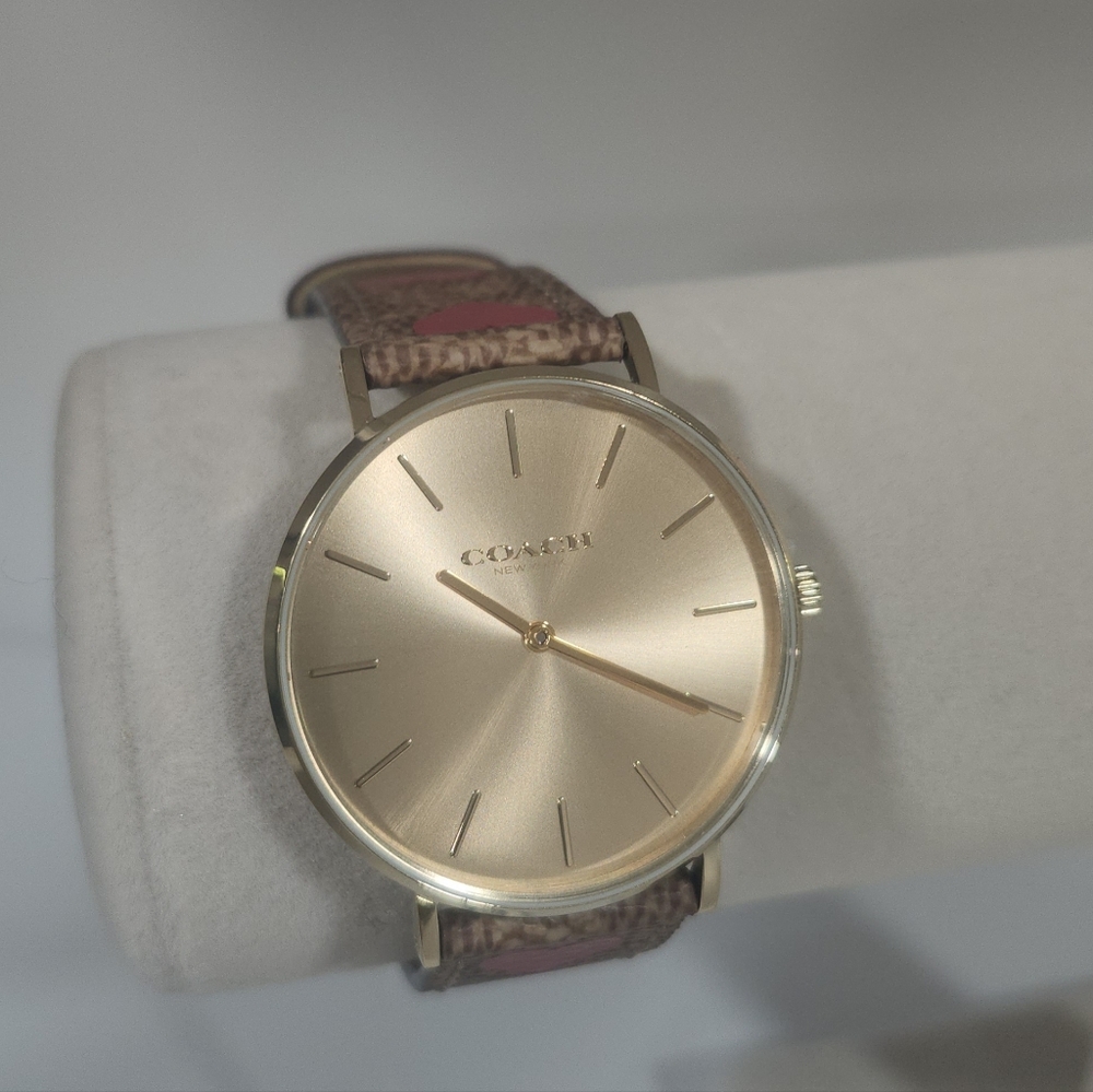 Coach Elegant Gold Watch with Brown And Pink Heart Strap